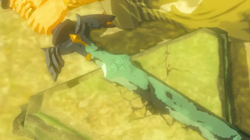 Link’s gloved hand holding the Master Sword by its hilt, its blue-green blade crossing the frame diagonally