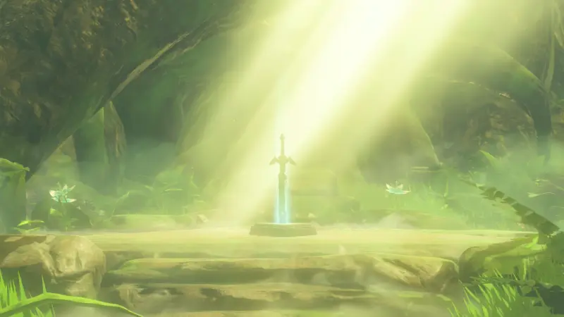 The Master Sword embedded in a stone pedestal in the forest beneath a beam of light filtering through the trees