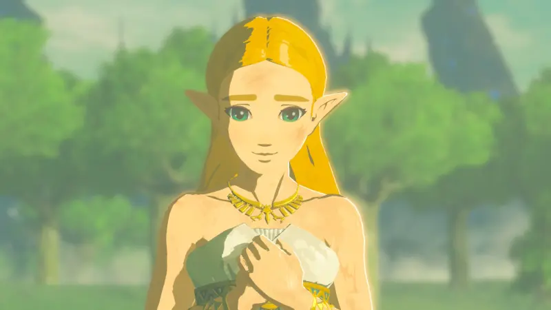 Portrait of Princess Zelda smiling and holding a white cloth, with blurred trees in the background