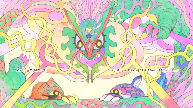 Pastel watercolor illustration of a huge yellow-eyed creature with a small green-haired figure standing on its snout, surrounded by colorful creatures and invented writing