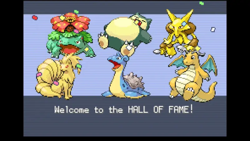 Pixel-art Pokémon Hall of Fame screen showing Venusaur, Ninetales, Snorlax, Lapras, Alakazam, and Dragonite beneath the words "Welcome to the HALL OF FAME!"