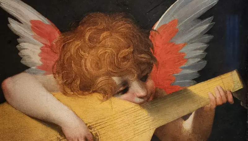 Painting of a red-haired angel playing a lute