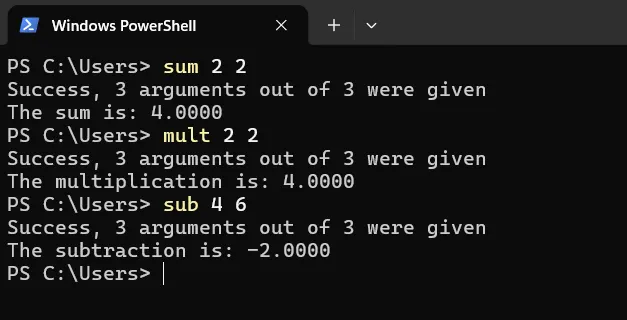 A terminal answering from a plain directory: “sum 2 2” returns 4, “mult 2 2” returns 4, “sub 4 6” returns −2. Each one is a separate program the shell found on its own.