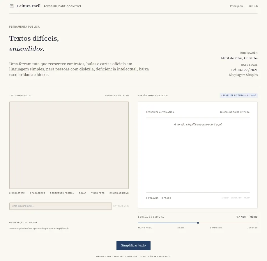 The Easy Read page: an empty box for the original text on the left, the simplified version on the right, and a reading-level scale from very easy to legalese underneath.
