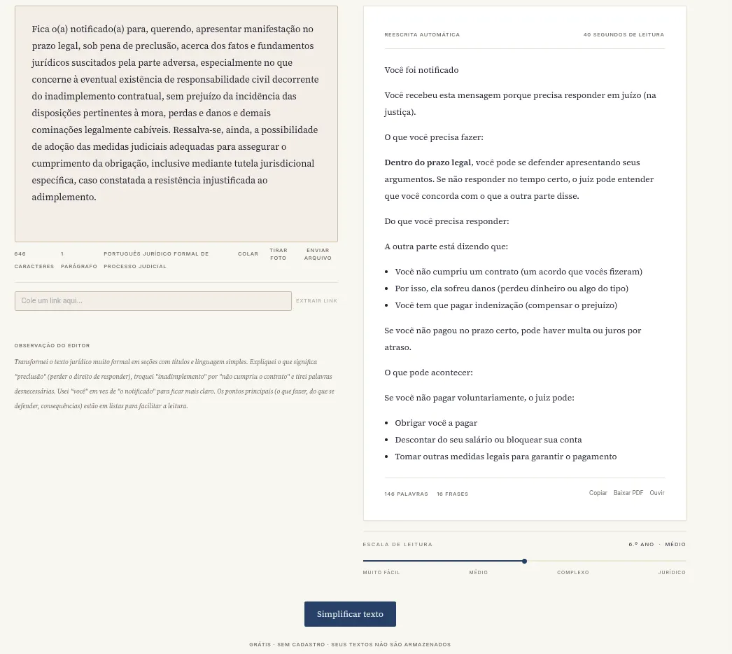 A dense court notice on the left and its rewrite on the right, broken into short sentences and bullet points under the headings “What you need to do” and “What can happen”.
