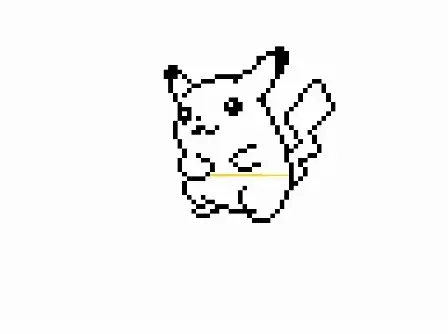 The fill running: an outline drawing of Pikachu on white, painted yellow from a single seed pixel, the colour spreading until it fills the body and stops at the lines that close it.
