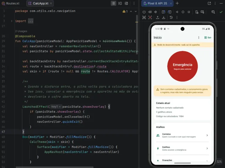 Ghosty open in the Android emulator, on the vault screen behind the disguise, with its Kotlin source beside it.
