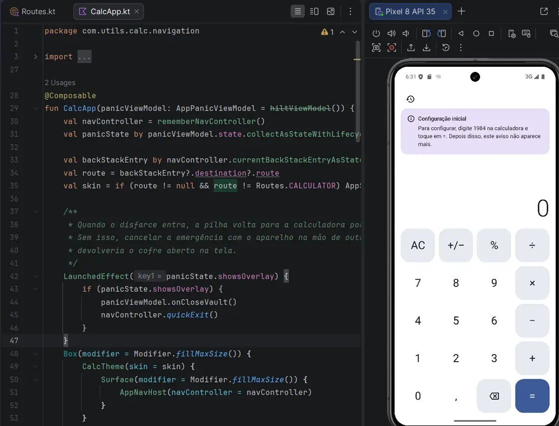 The same app showing what everyone else sees, a working calculator, with the first-run hint that typing 1984 opens the setup.