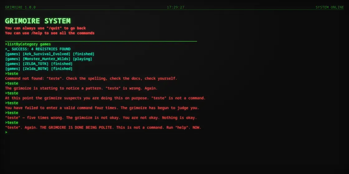 A list of games returned by the listByCategory command, followed by the grimoire growing ruder at every repeat of a command that does not exist.