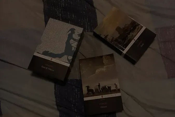 The Penguin Classics slipcase and both volumes, Ilíada and Odisseia, lying on a bed in low light, as untouched as the paragraph admits.