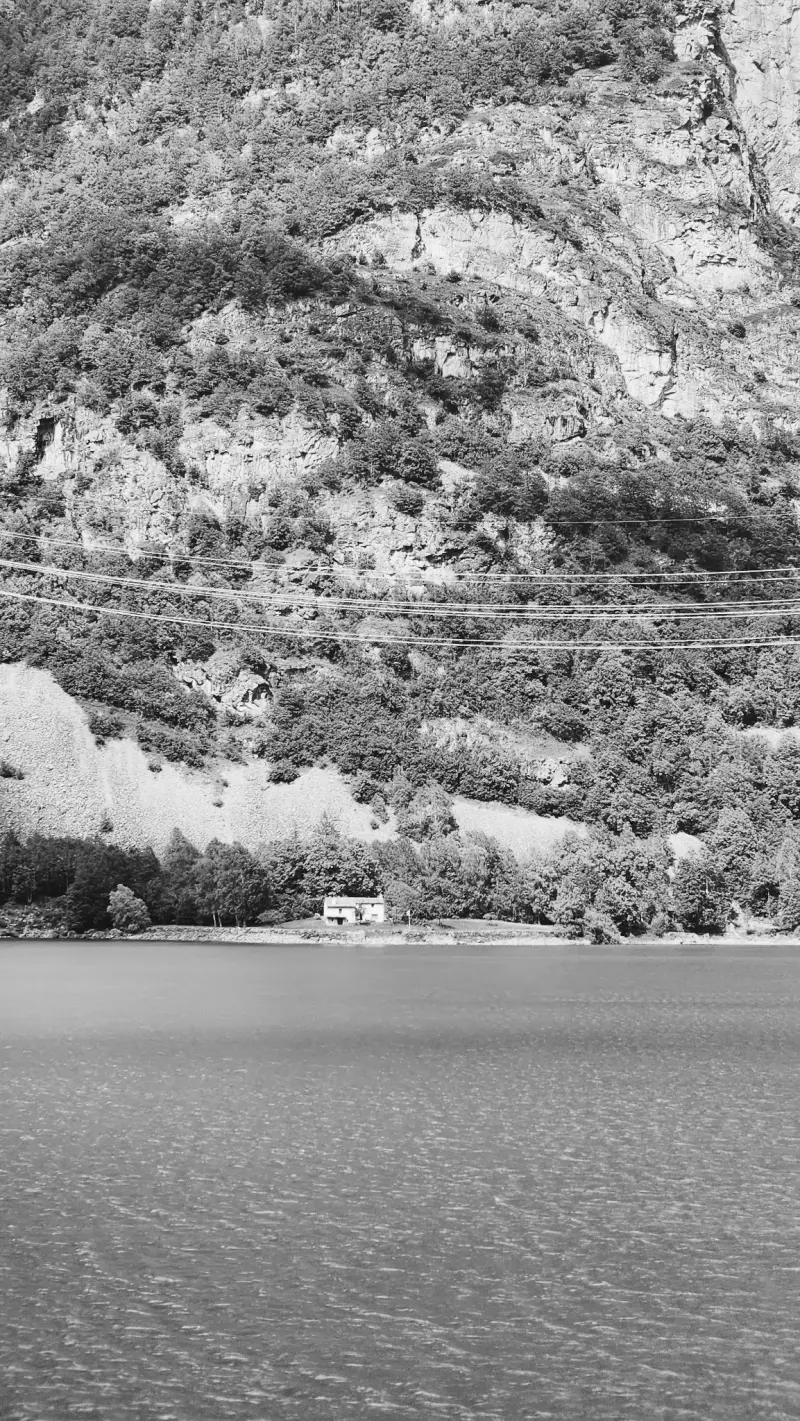 lake and cliff bw