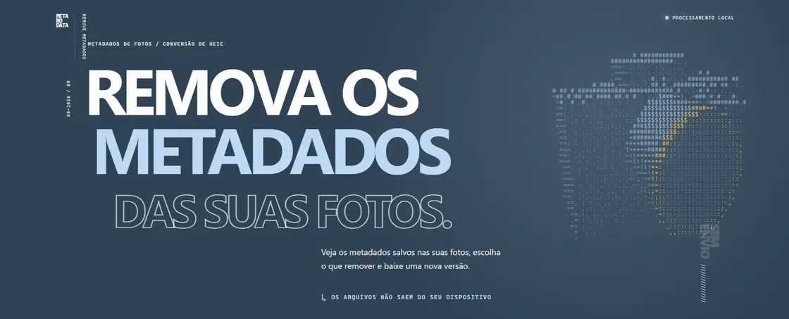 The Meta No Data home: “Remova os metadados das suas fotos” in large type, next to a map of Brazil drawn out of characters, and the promise underneath that the files never leave your device.