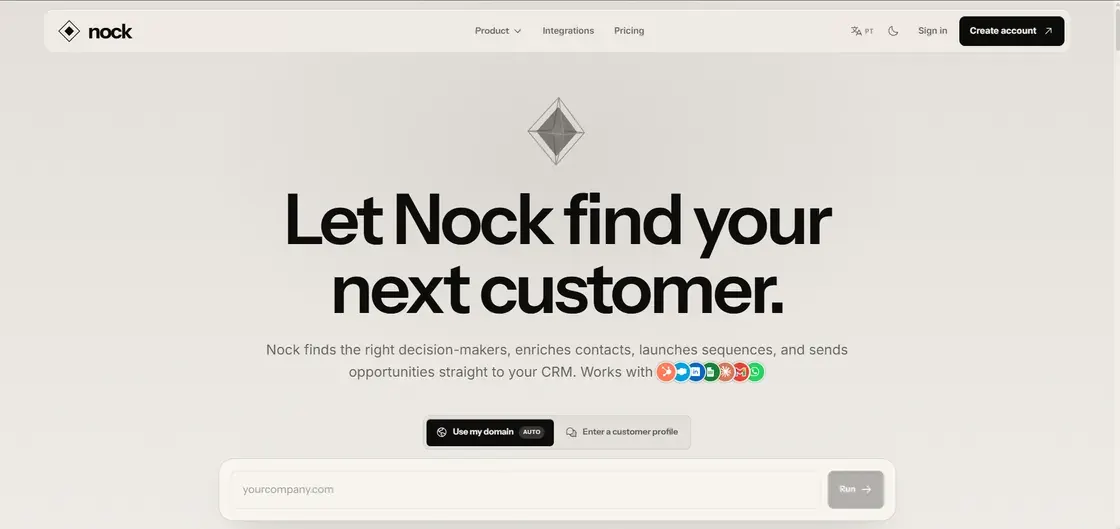 The Nock home: “Let Nock find your next customer” in large type, over a field where you drop your own domain and the row of tools it delivers into.