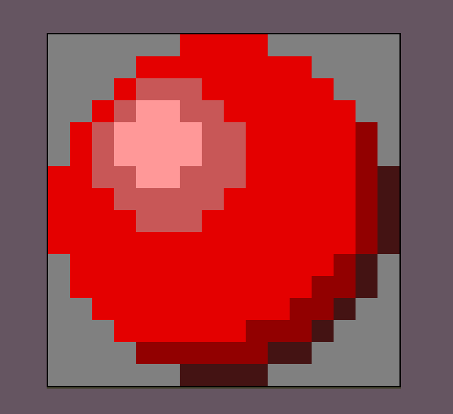 A red apple drawn as a rough circle of flat red, with a pale pink patch where the highlight should be and a dark wedge along the bottom.