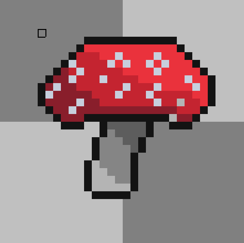 A mushroom with a red cap covered in white spots, on a pale grey stem.
