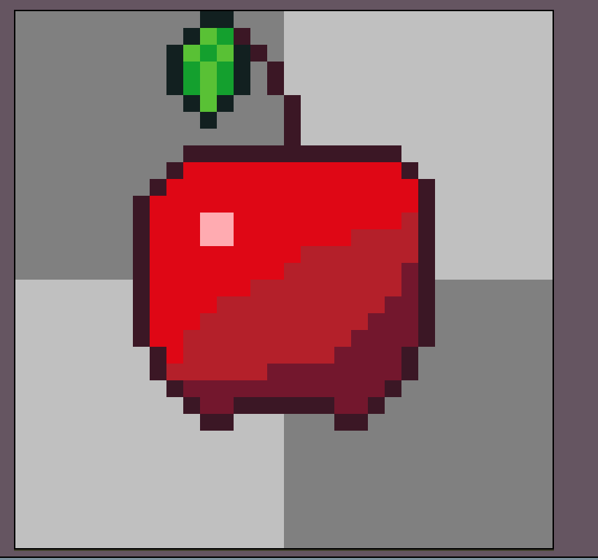 The same apple redrawn: a dark outline, a green leaf and stem, shading stepped down the right side, on a chequered grey background.