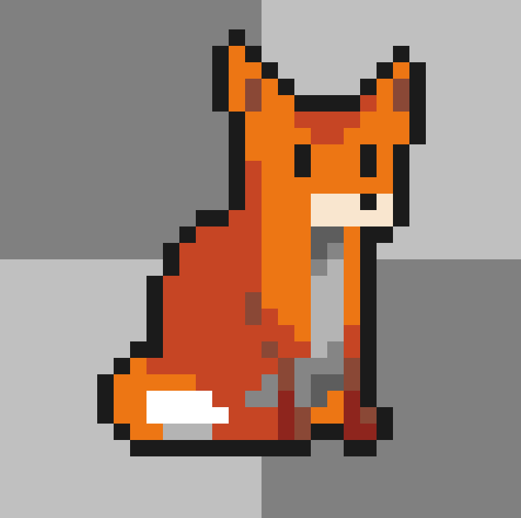 An orange fox sitting upright, with a white chest and a white tip on its tail.