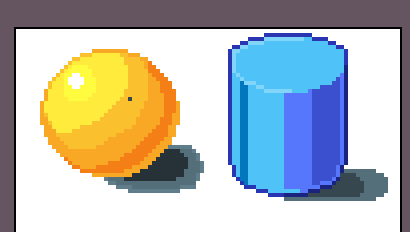 An orange sphere beside a blue cylinder, each with a smooth ramp from lit to shaded and a soft shadow pooled on the ground.