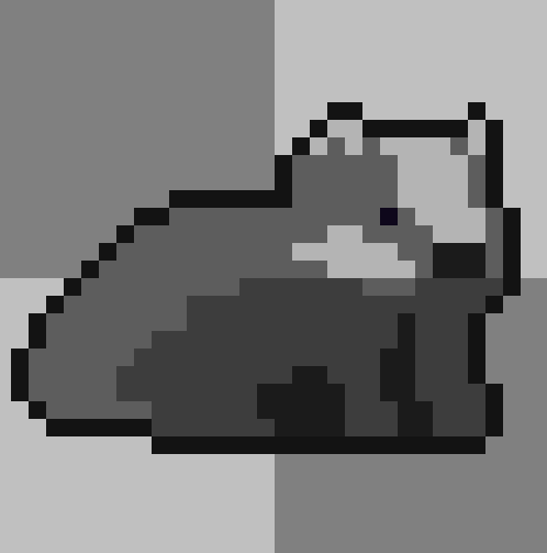 A grey badger lying down, with a pale stripe across its face, painted in four greys.