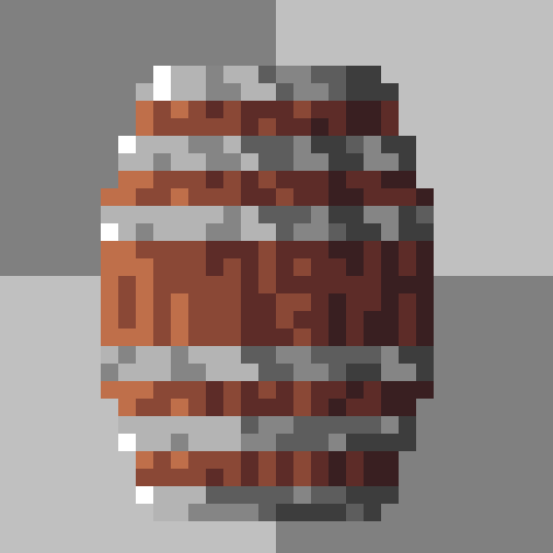 A wooden barrel seen head on, reddish staves bound by grey metal bands, lit from the upper left.