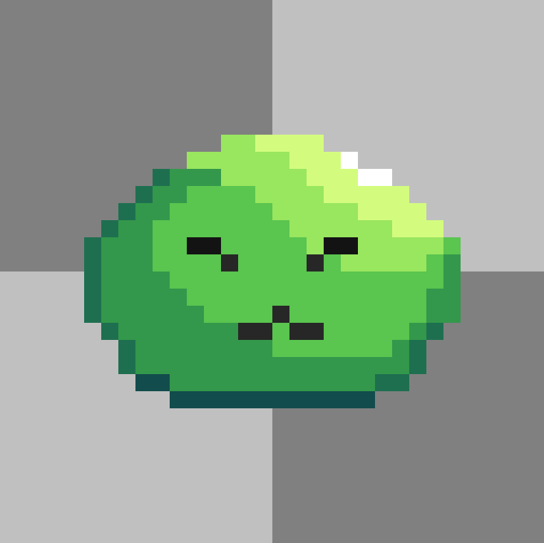A green slime with a small face, shaded in three greens with a darker green outline.