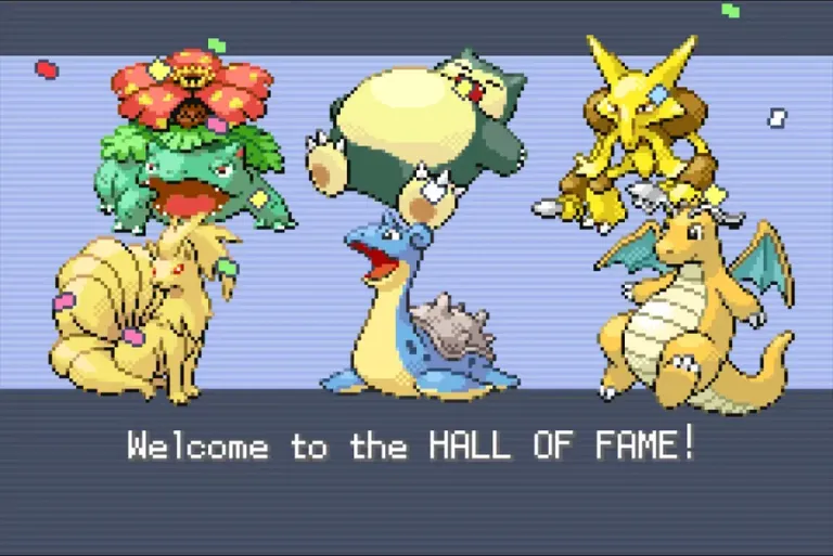 Pixel-art Pokémon Hall of Fame screen showing Venusaur, Ninetales, Snorlax, Lapras, Alakazam, and Dragonite beneath the words “Welcome to the HALL OF FAME!”
