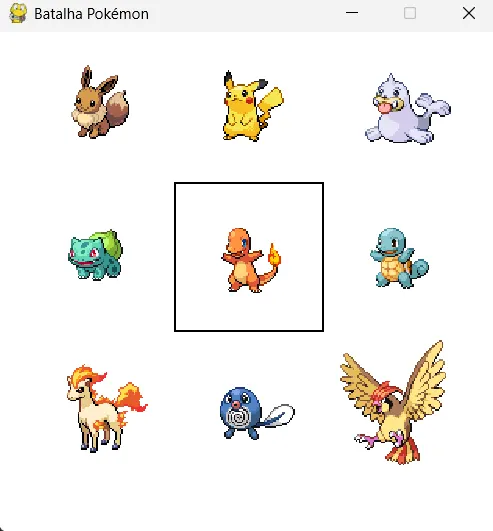 The Batalha Pokémon window choosing a fighter: nine sprites in a grid, Charmander in the middle inside the selection frame.