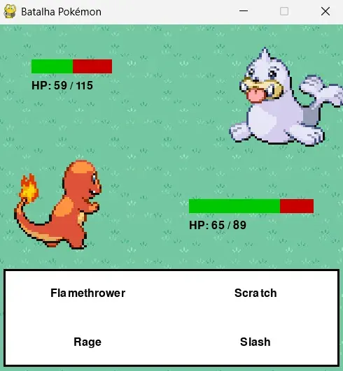 A battle underway on a grass field, Charmander against Seel with an HP bar above each, and Flamethrower, Scratch, Rage and Slash to choose from underneath.