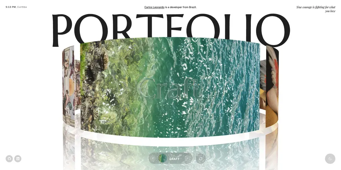The home of this site: the word PORTFOLIO in large type behind the 3D ring, stopped on the Craft face, reflected on the floor.