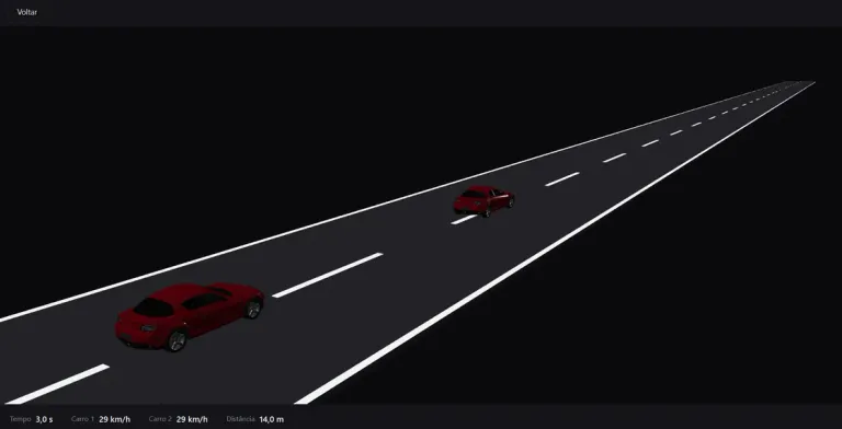 The simulator running: two red cars on a dark road, one well ahead of the other, with elapsed time, both speeds and the gap between them along the bottom edge.
