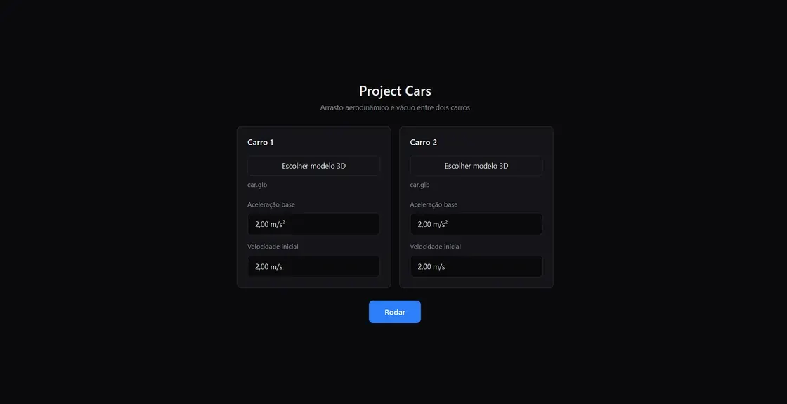 The setup screen: a card per car, each taking a 3D model file, a base acceleration and a starting speed, with a Rodar button below the pair.