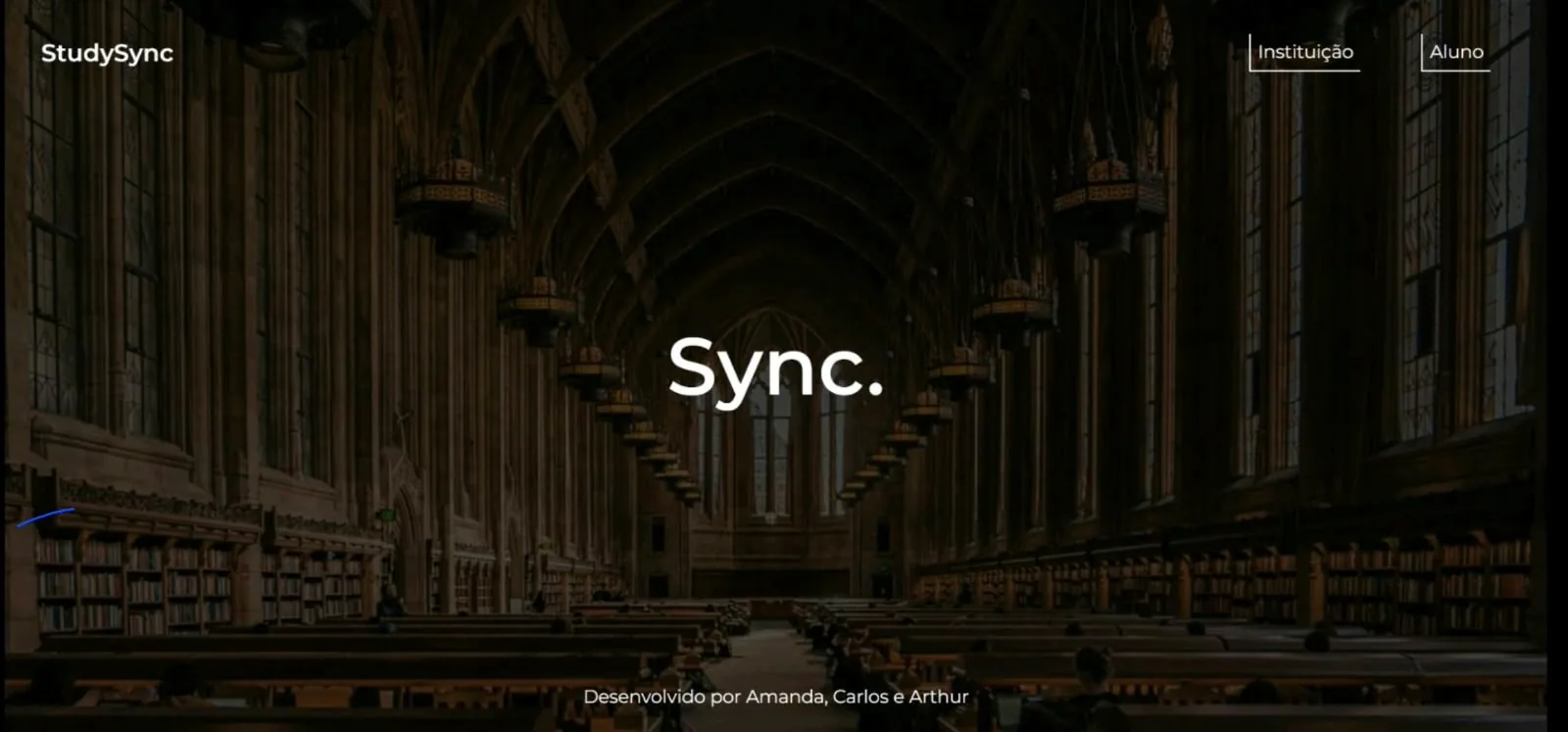 The Study Sync landing page: the word “Sync.” over a university library reading room.