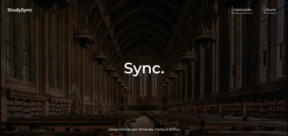 The StudySync home: the word “Sync.” over a photograph of a vaulted library reading room, with the two ways in, Instituição and Aluno, in the top corner.