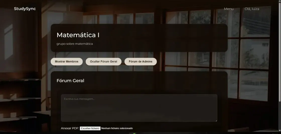 A subject inside StudySync, Matemática I, with its general forum open: a box to write a message, a field to attach a PDF, and buttons to show the members or switch to the admin forum.