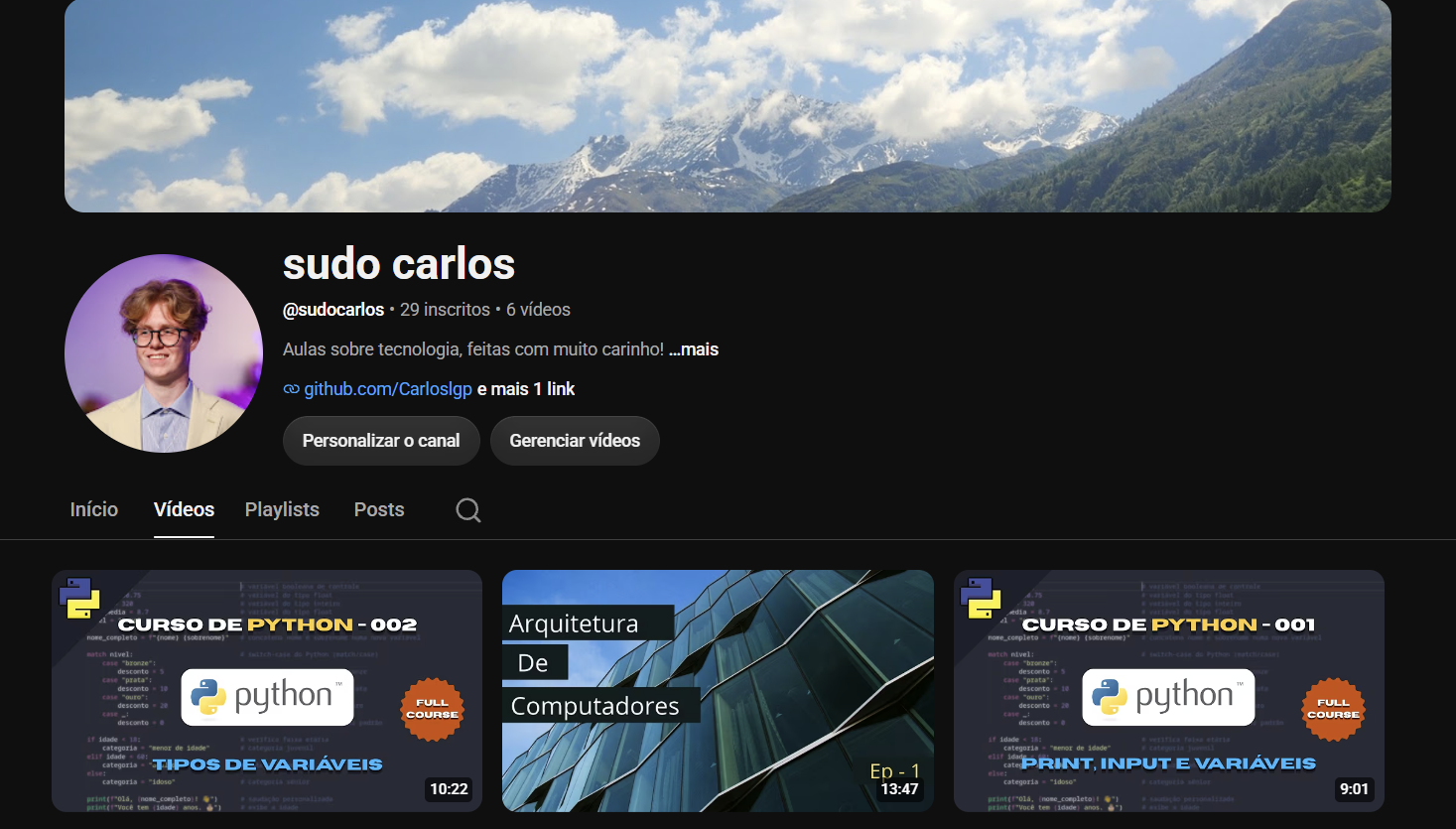 The sudo carlos channel page on YouTube, with the Python course and the computer architecture series.