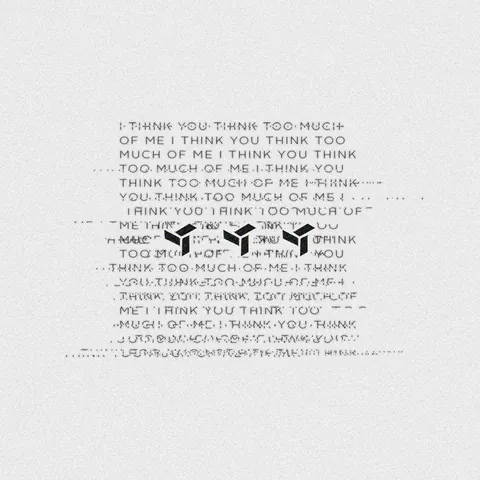 Cover of EDEN’s i think you think too much of me: the title typed over and over in grey until the letters break apart