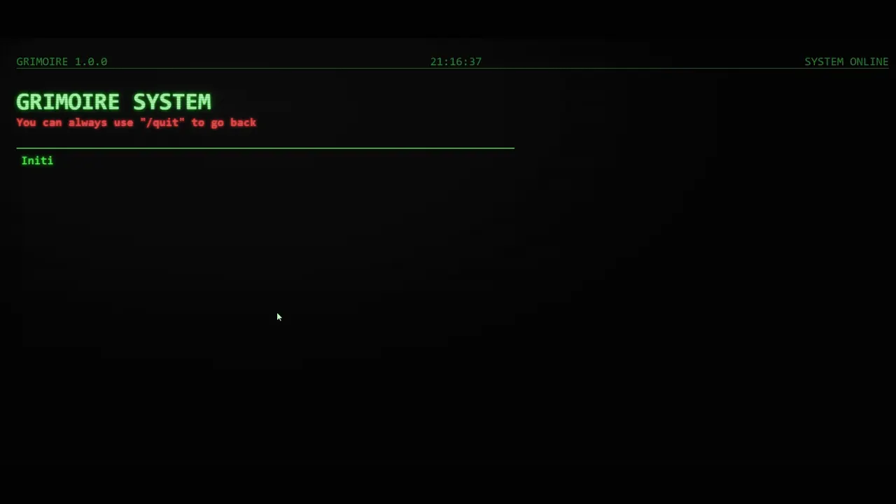 Grimoire terminal interface glowing green on a black screen